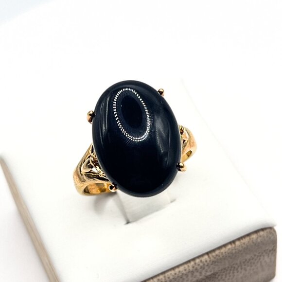 Vintage Black Onyx Cabochon Ring 18K Yellow Gold Electroplate Designer Signed - Picture 3 of 10